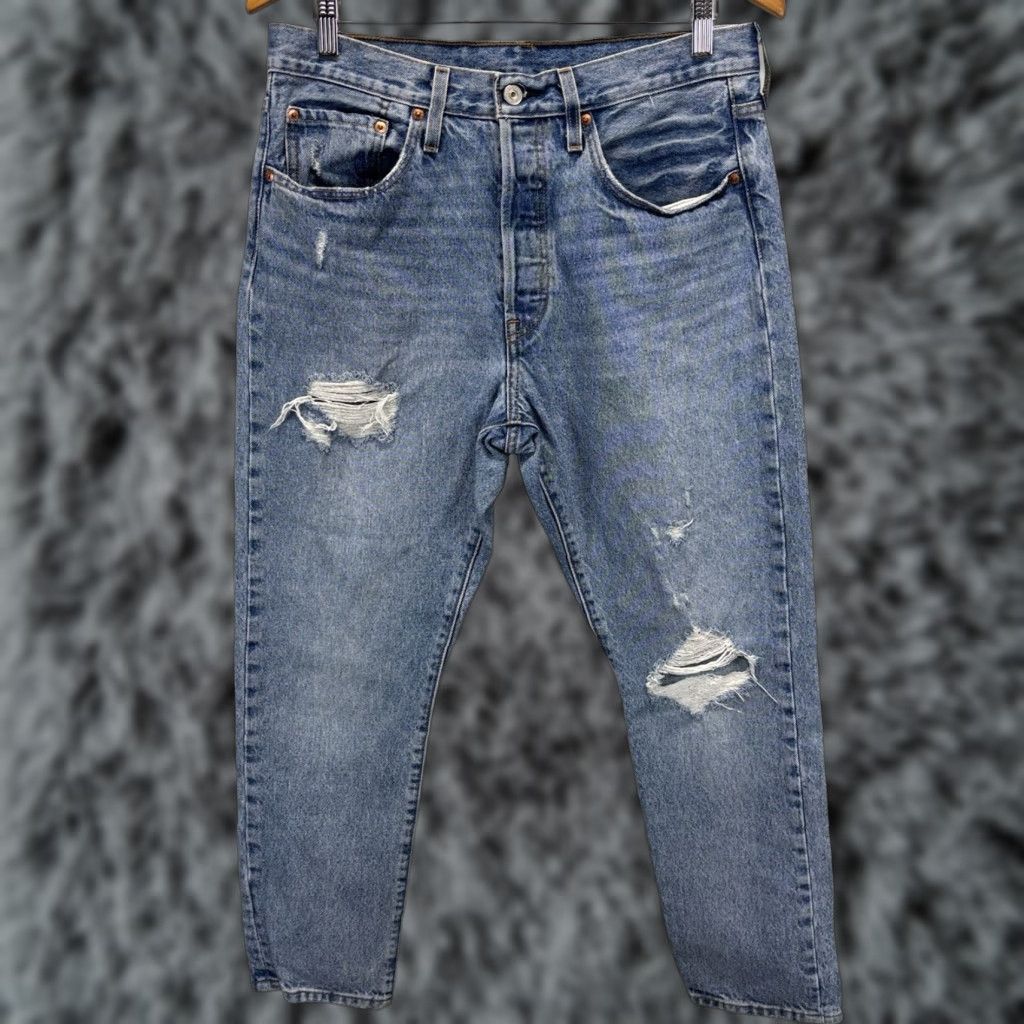 Levi's Levi's 501 Premium Straight Jeans Womens 31x28 Blue Denim Distres Button Fly 100% Cotton Pockets Size 31" - 1 Thumbnail