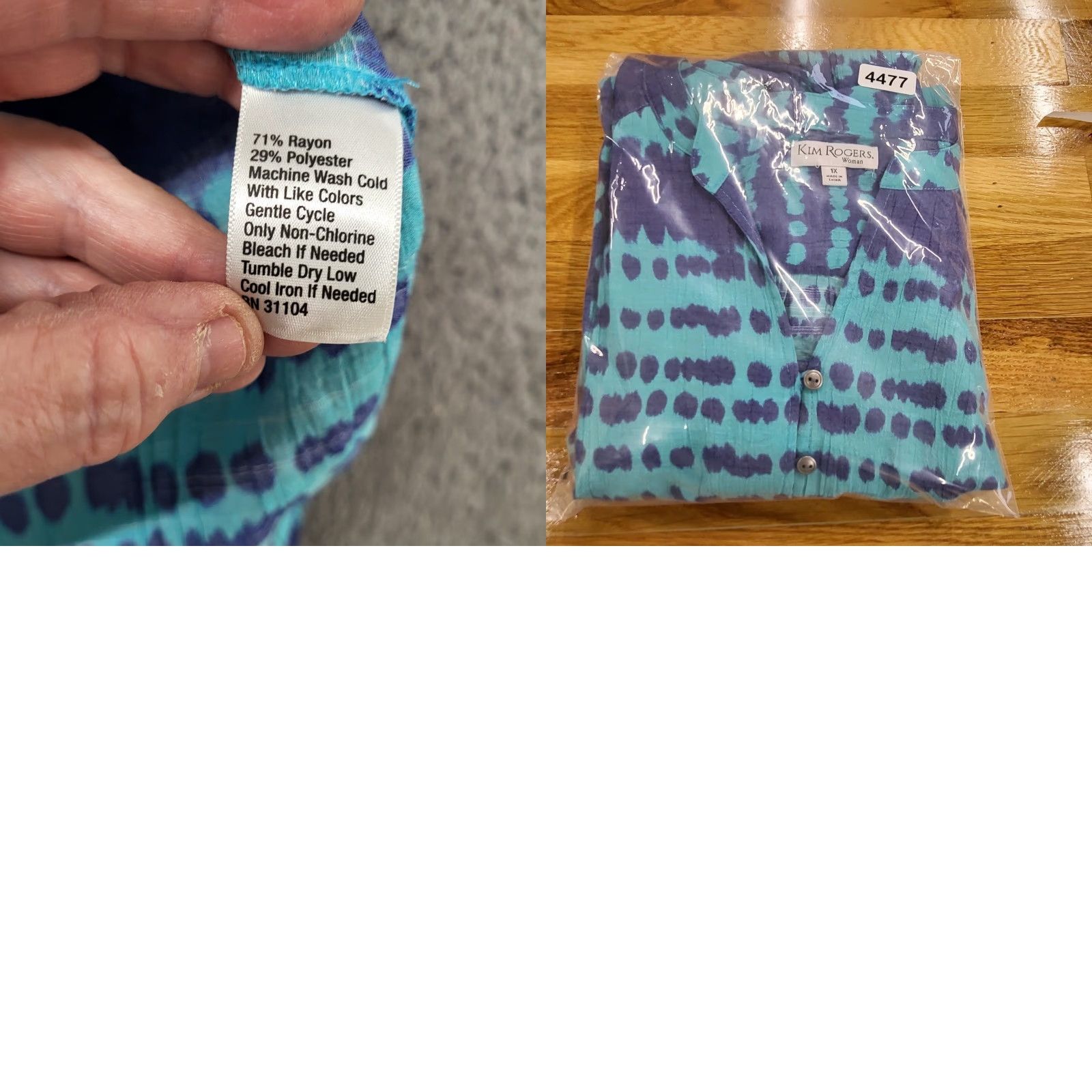 Vintage Kim Rogers Blouse Women 1X Tie Dye V-Neck Roll Tab Sleeve Purple Blue Top Knit Rayon Polyester Size XL / US 12-14 / IT 48-50 - 9 Thumbnail