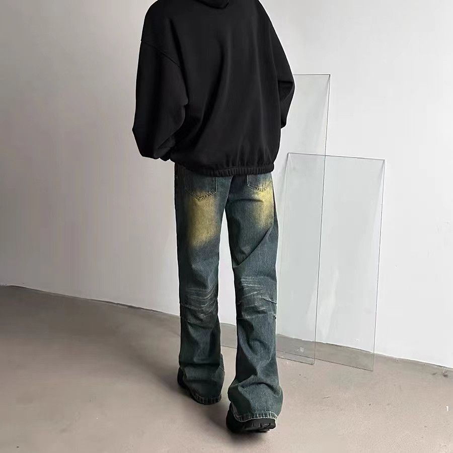 Vintage loose washed pleated bootcut jeans