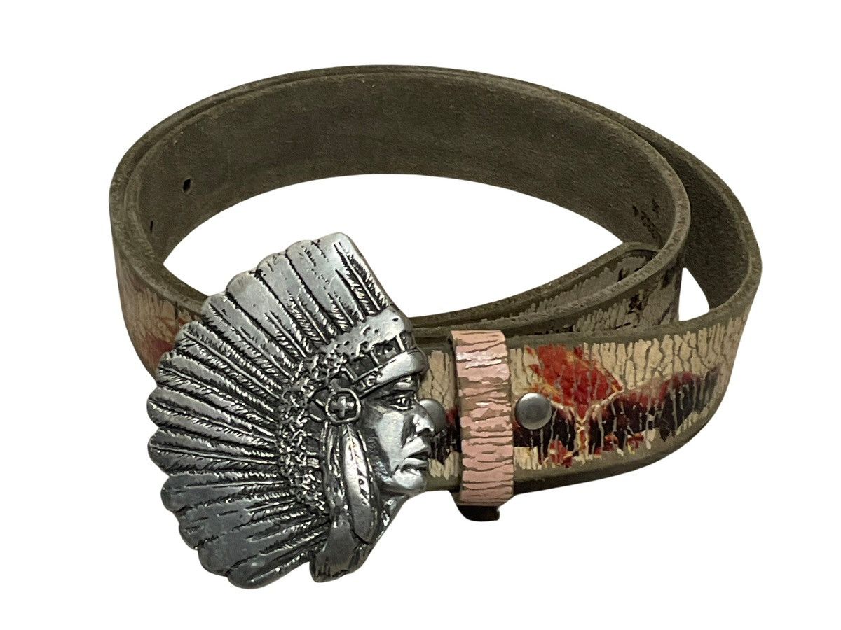 image of Vintage Bill Lavin Leather Island Native American Belt & Buckle in Silver, Men's (Size 36)