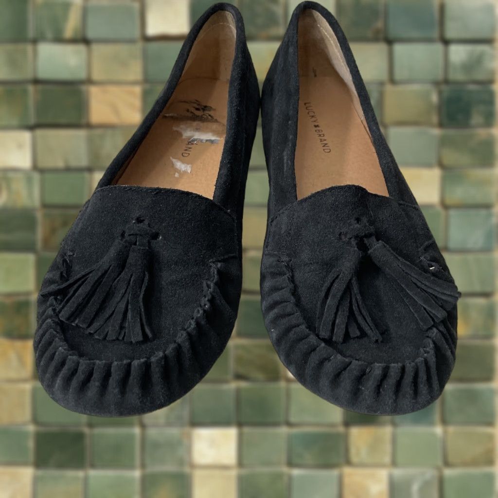 Lucky Brand Lucky Brand Black Suede Leather Slip On Cushioned Moccasins Tassel 10 Women Slippers Loafers Moccasin Leather Suede Cushioned Tassel Black 10 Women Size US 10 / IT 40 - 1 Thumbnail