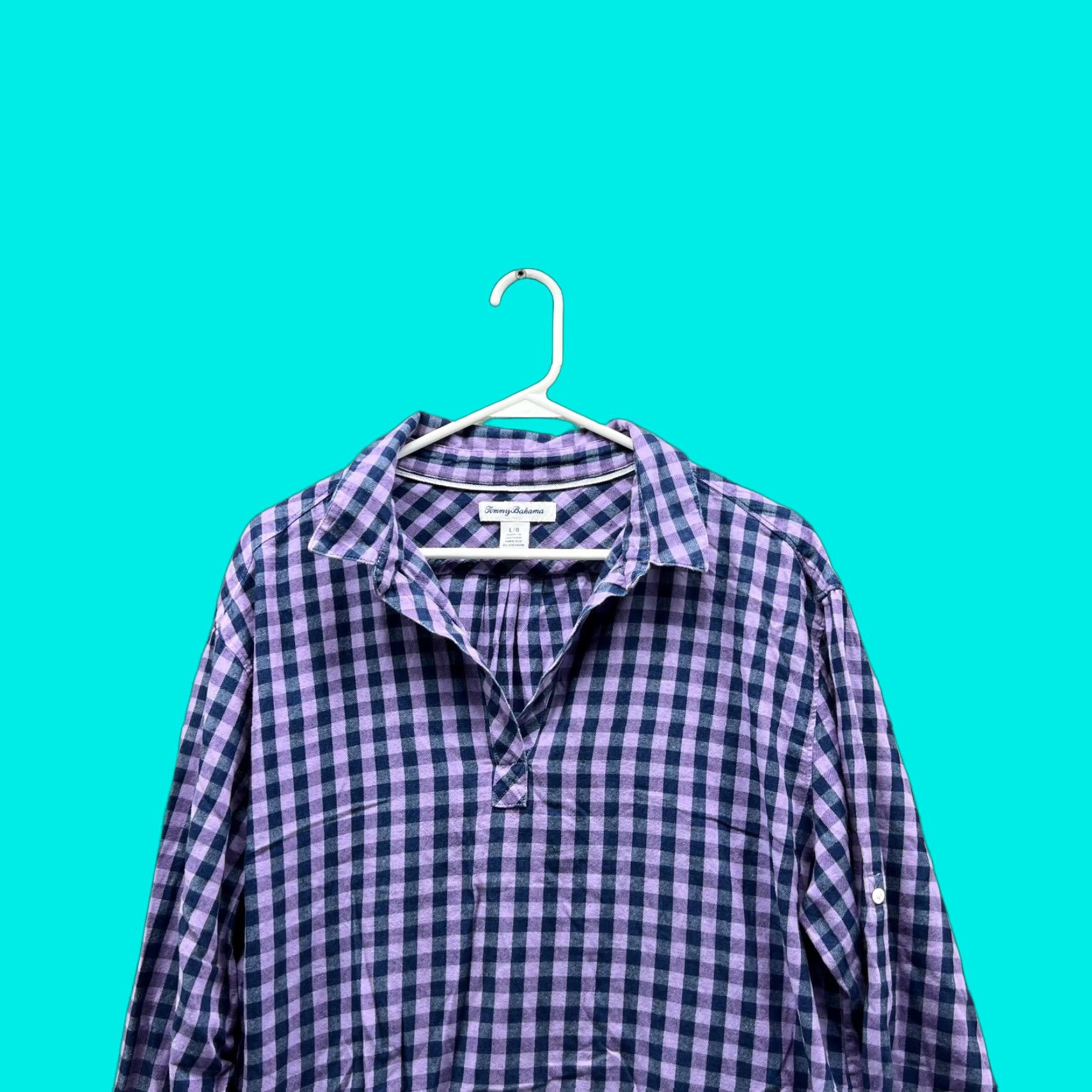 Tommy Bahama VINTAGE? No. Tommy Bahama Shirt Women Large Purple Checkered Button-Down Casual Preppy 100% Cotton Long Sleeve Size L / US 10 / IT 46 - 1 Thumbnail