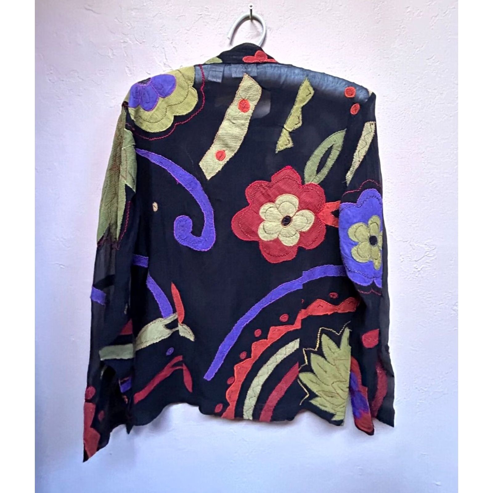 Vintage Chico's Women's Full Zip Jacket Silk Applique Wearable Art Lightweight Short Sleeve? Size S / US 4 / IT 40 - 2 Thumbnail