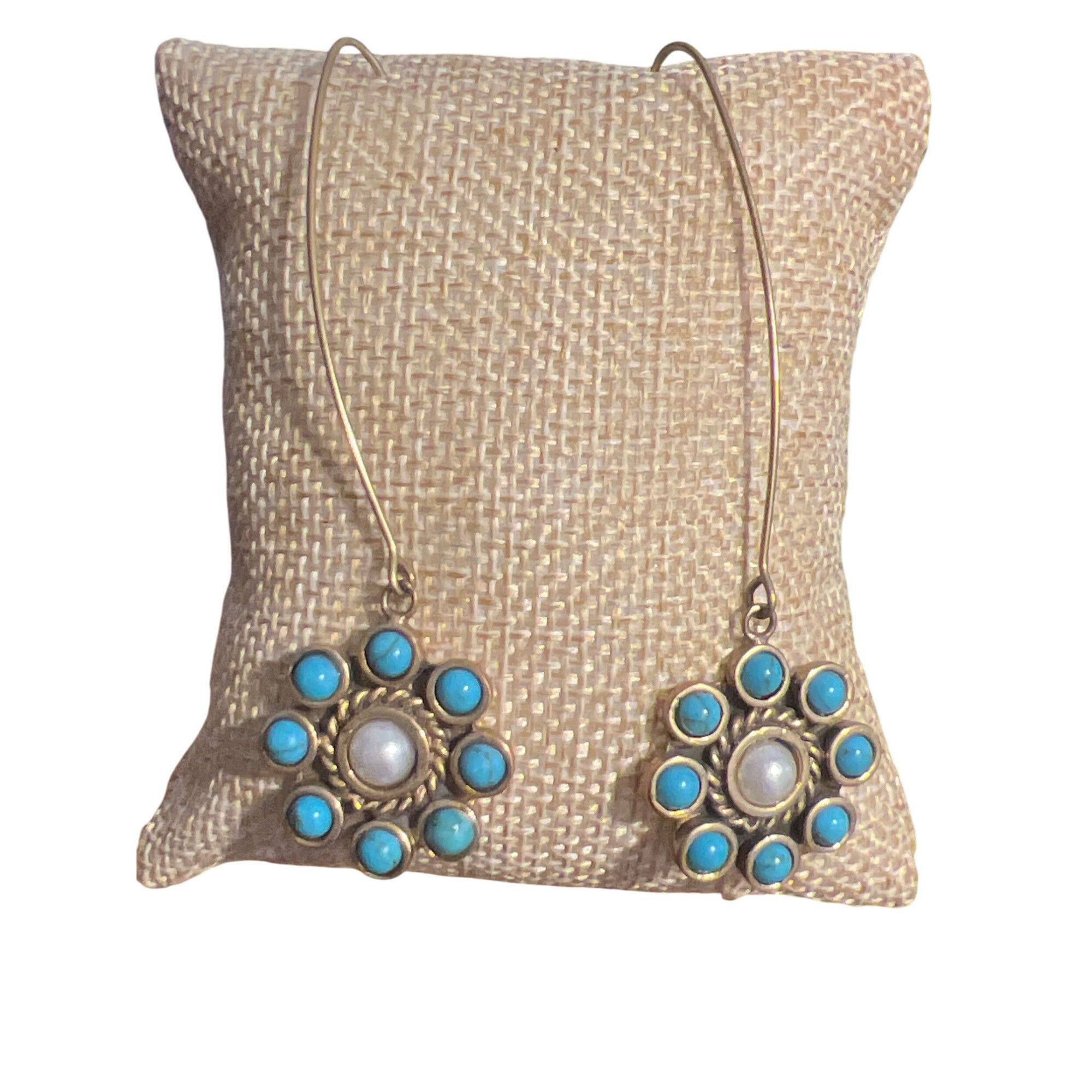 Other Vintage Gold Tone Drop Earrings Faux Turquoise Pearl Flower Size ONE SIZE - 1 Thumbnail