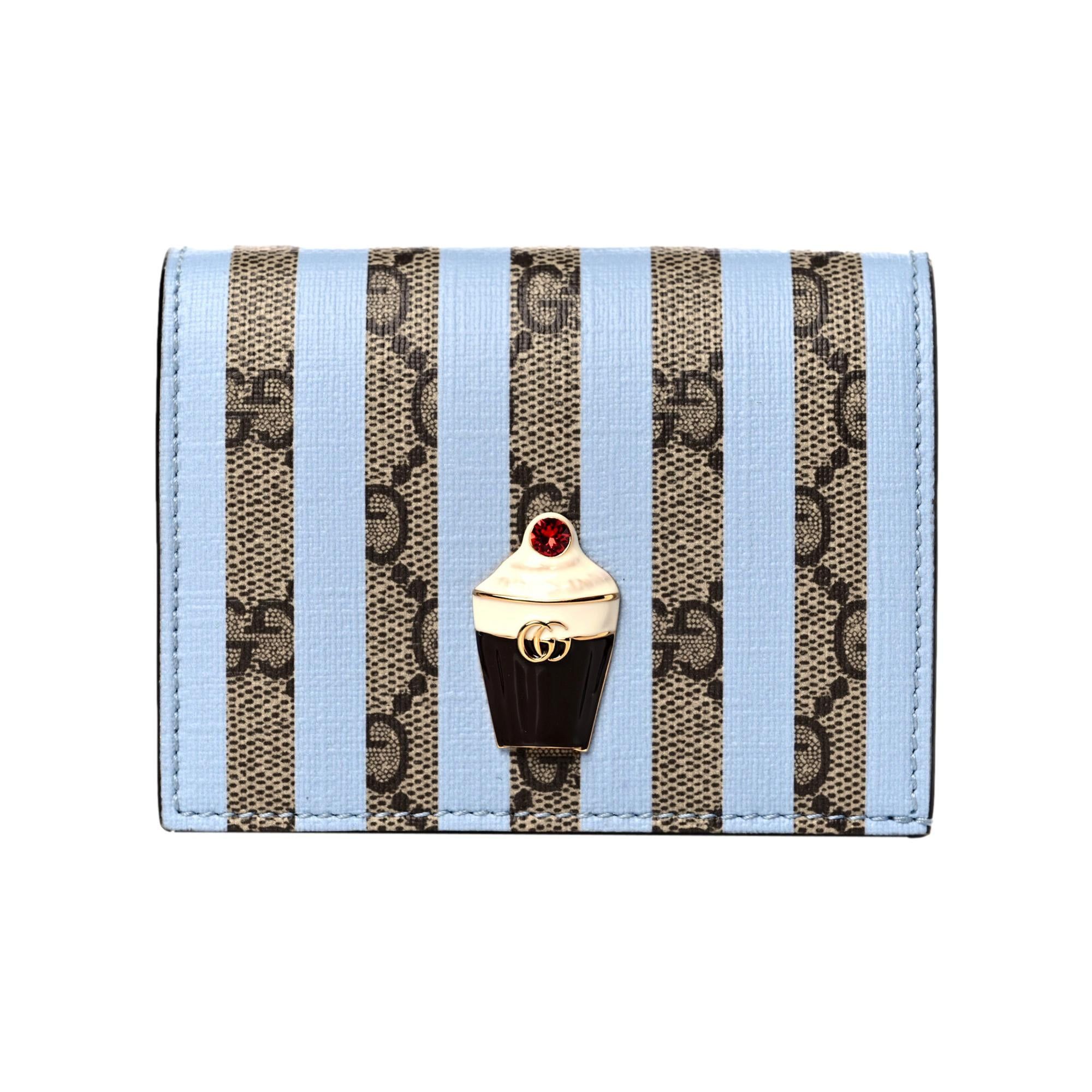 image of NWT Gucci GG Monogram Canvas Ice Cream Blue Stripes Compact Folio Wallet in Beige, Women's