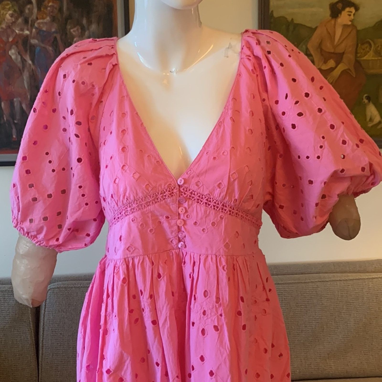 Zara BNWT Zara pink puff sleeve cotton eyelet dress Size L / US 10 / IT 46 - 1 Thumbnail