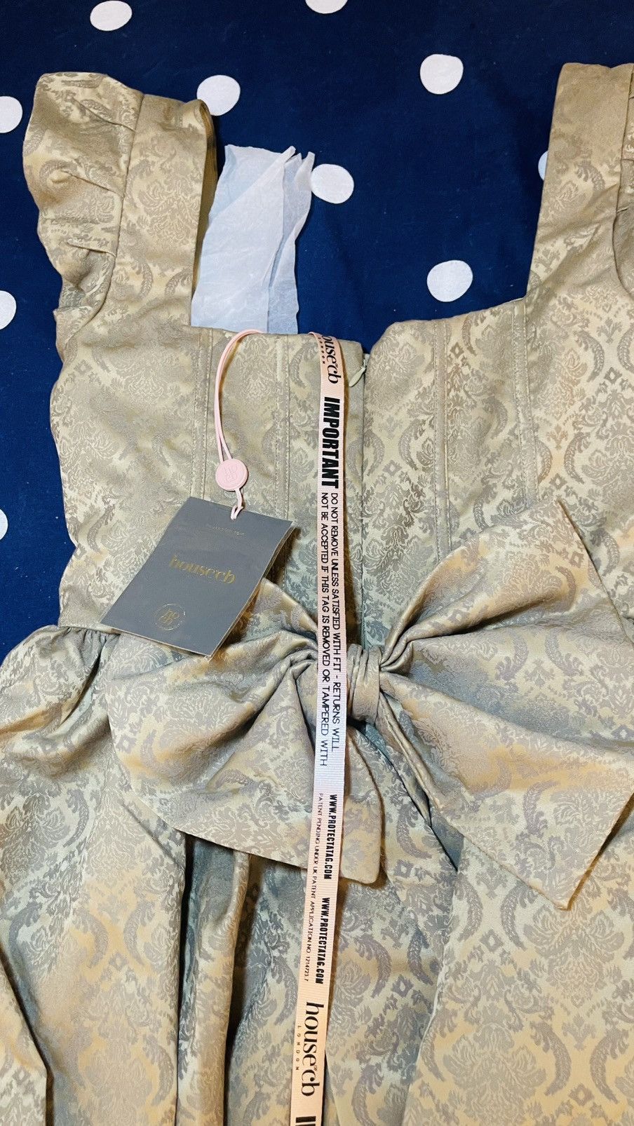 House of CB Gold Jacquard Midi Dress with Detachable Bow. Size M / US 6-8 / IT 42-44 - 4 Thumbnail