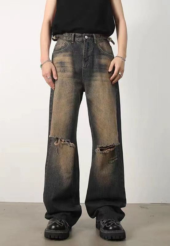 image of Retro Distressed Nostalgic Rust Raw Edge Ripped Jeans in Rusty Earth Color, Men's (Size 32)