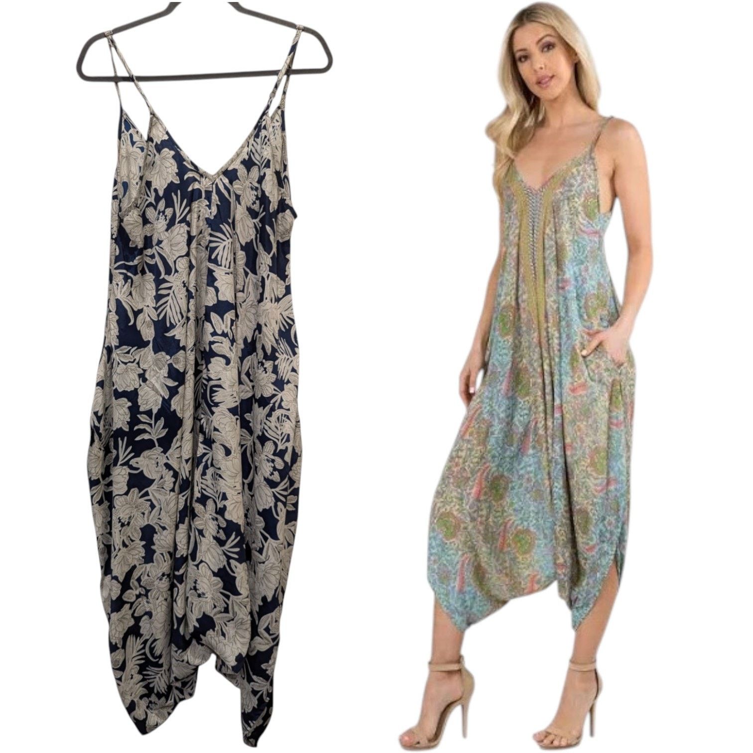 Other Paani Satin Blue Floral V-Neck Haram Romper Large Size 34" / US 12 / IT 48 - 1 Thumbnail