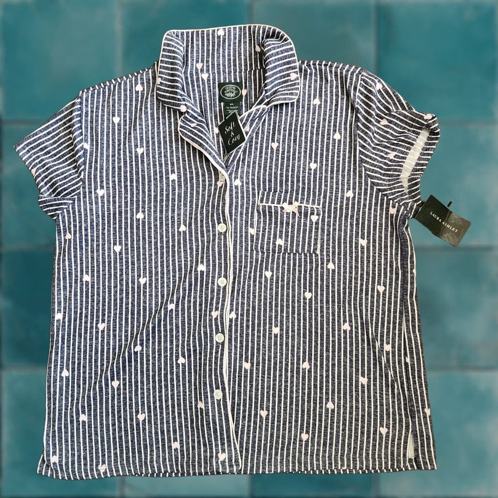 Pinko PINK Laura Ashley Junior Pajama Top Denim Striped Button Short Sleeve XL Multicolor Teens Womens Mens Size XL / US 12-14 / IT 48-50 - 1 Thumbnail