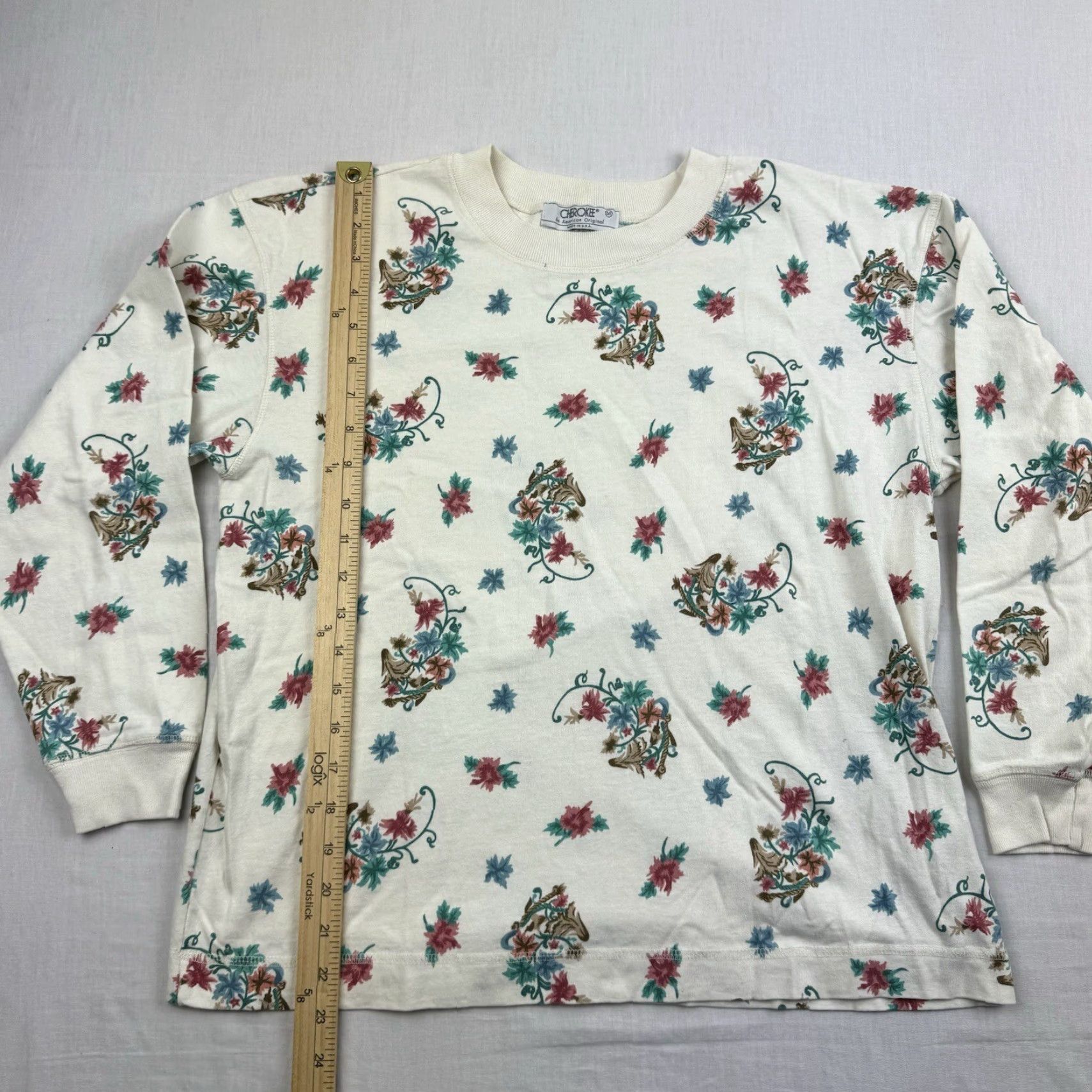 Cherokee VINTAGE Cherokee Shirt Womens Petite Medium White Floral 80s 90s Long Sleeve Crew Neck Size M / US 6-8 / IT 42-44 - 6 Thumbnail