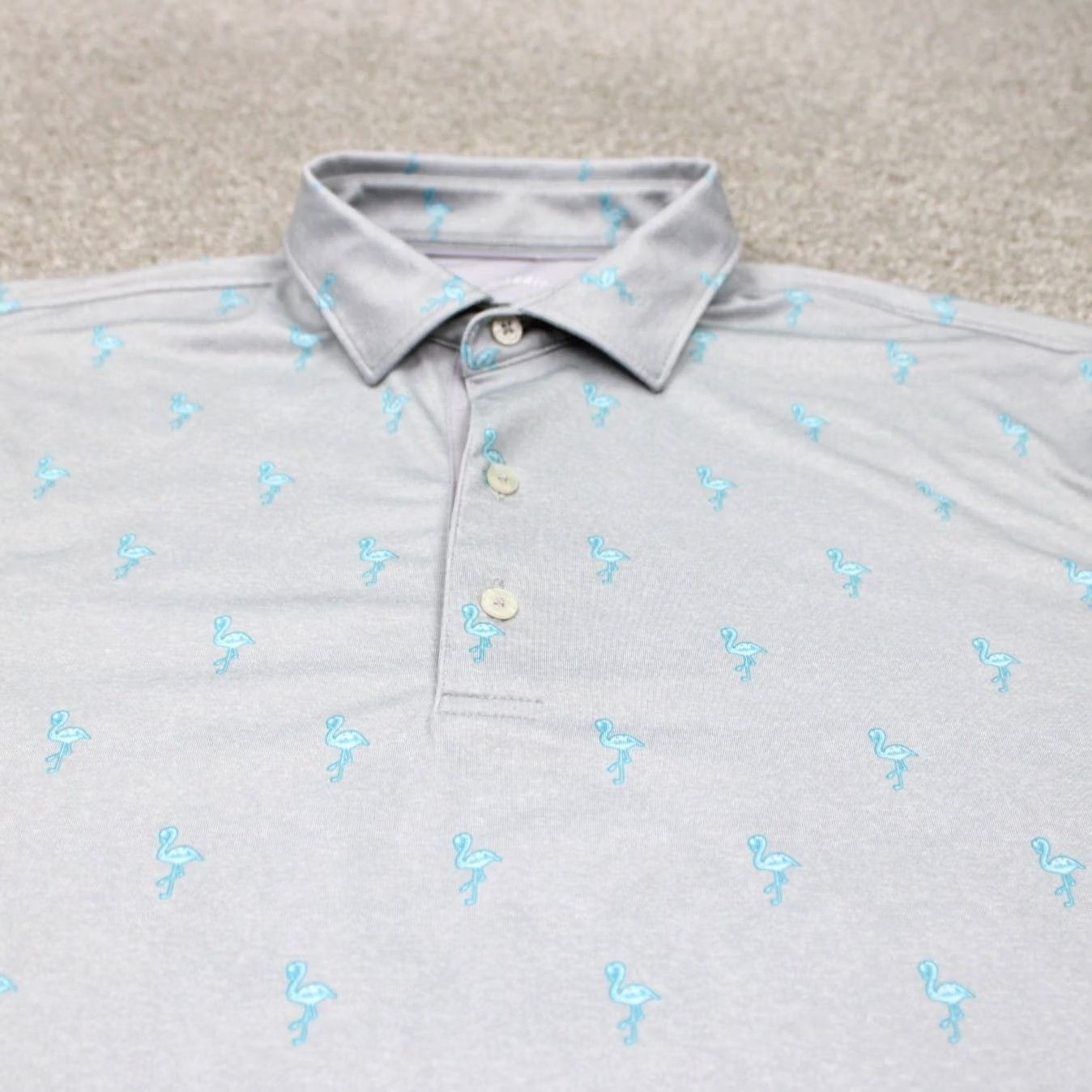 johnnie-O Johnnie-O Polo AOP Shirt Mens Large Gray w/ Blue Flamingos All Over Print S/S Size US L / EU 52-54 / 3 - 4 Thumbnail