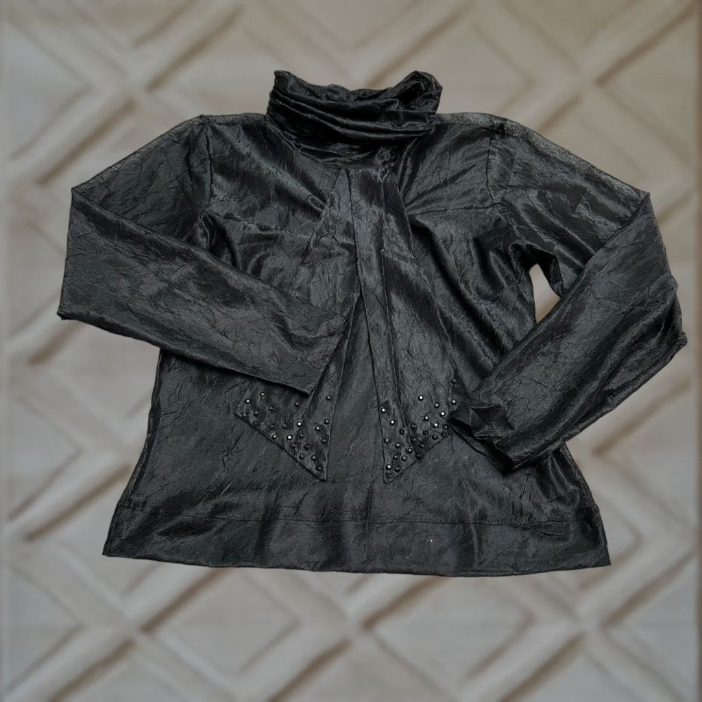 Vintage DM Confeccoes Sheer Blouse Women M Black Turtleneck Bow Lightweight Studded Dress Shirt Tunic Style Casual Sleeve Regular Chiffon Polyester Size M / US 6-8 / IT 42-44 - 1 Thumbnail