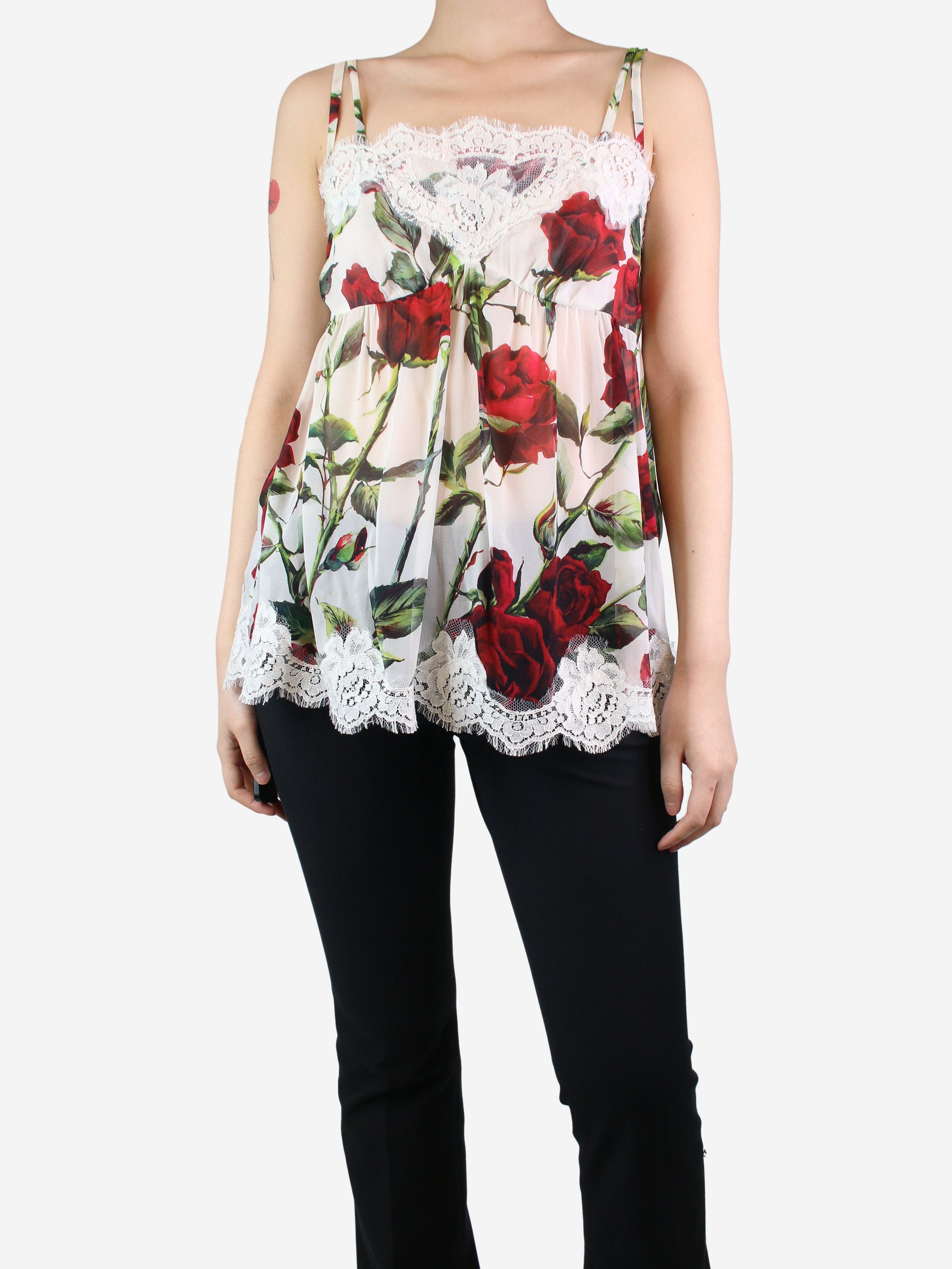 image of Dolce Gabbana White Floral Lace-Trimmed Top - Size Uk 14, Women's