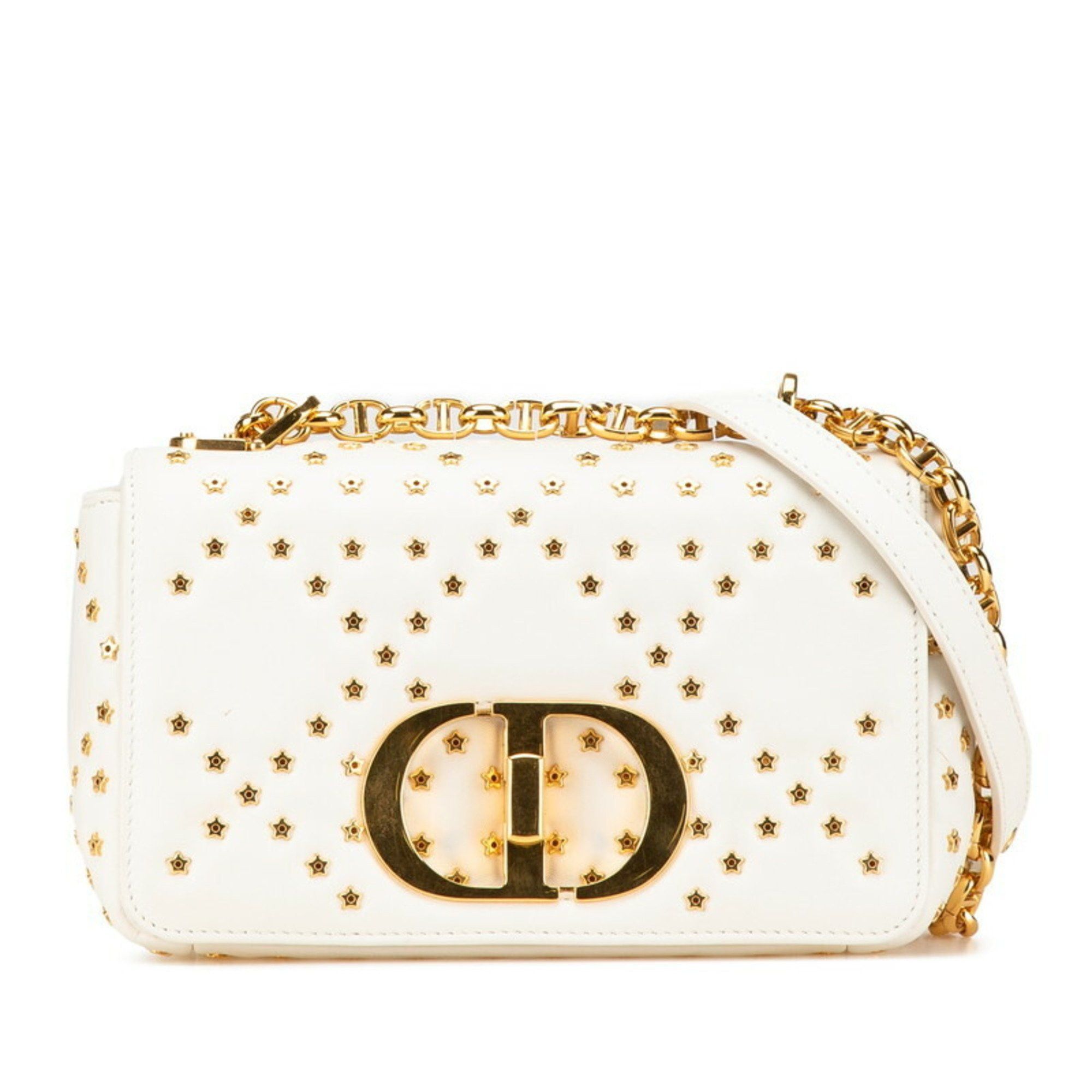 Christian Dior Caro Lucky Star Chain Shoulder Bag White Calfskin Women's