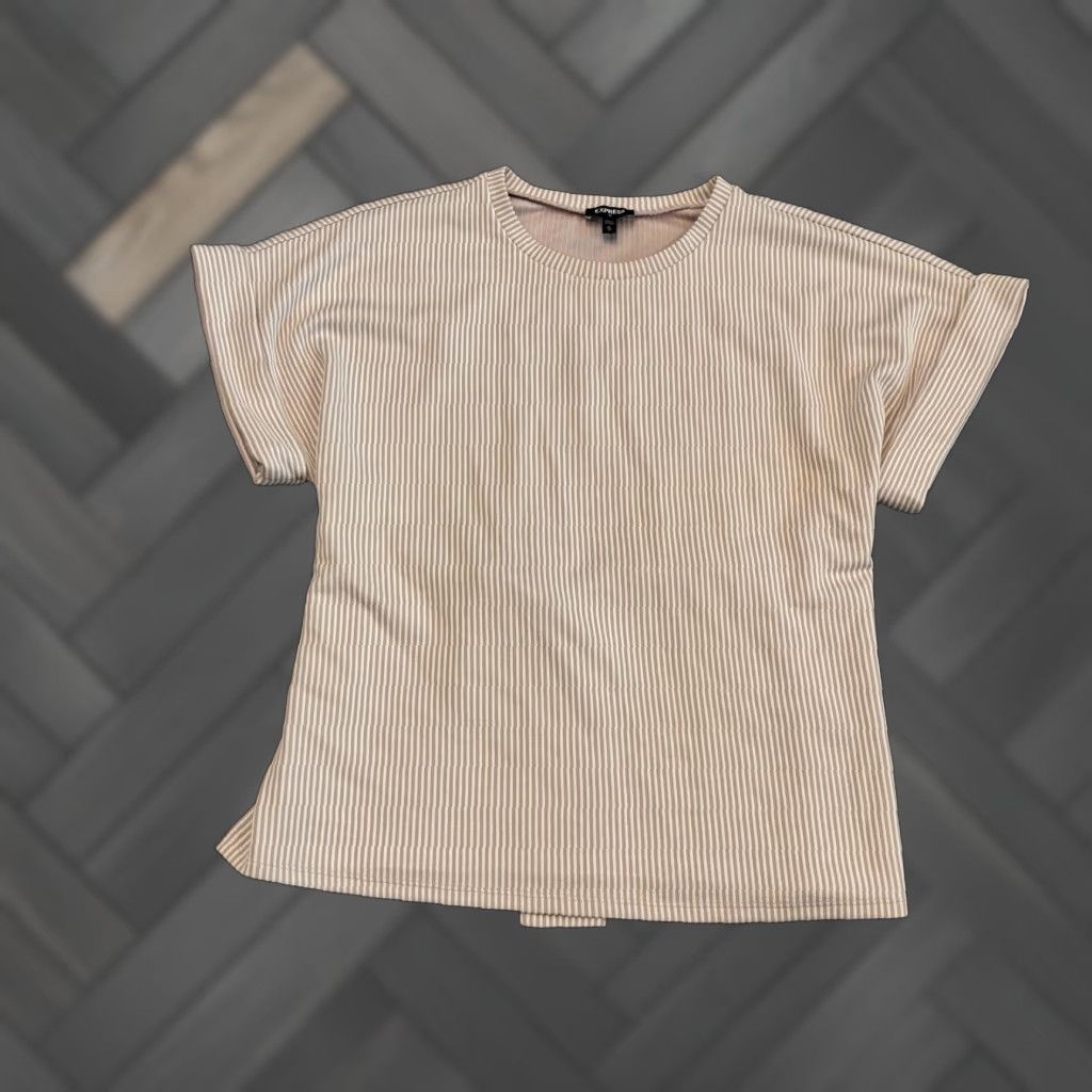 Express VINTAGE? No — Express Top Womens Medium Pink Stripe Short Sleeve Cuffed Back Tie Blouse Shirt Size M / US 6-8 / IT 42-44 - 1 Thumbnail