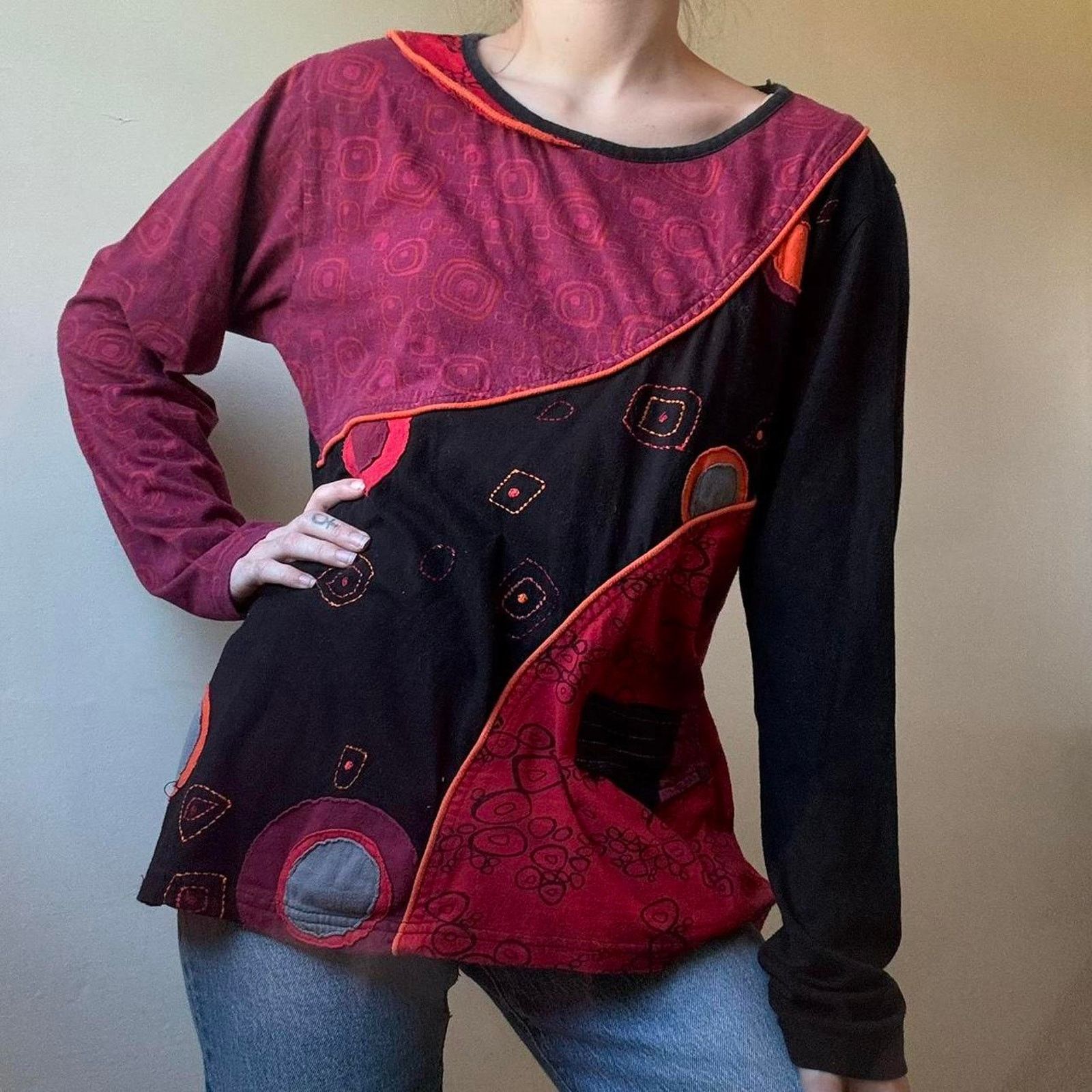 Vintage Vintage Zoe Funky Patchwork Long Sleeve Shirt Large Witchy Size L / US 10 / IT 46 - 1 Thumbnail