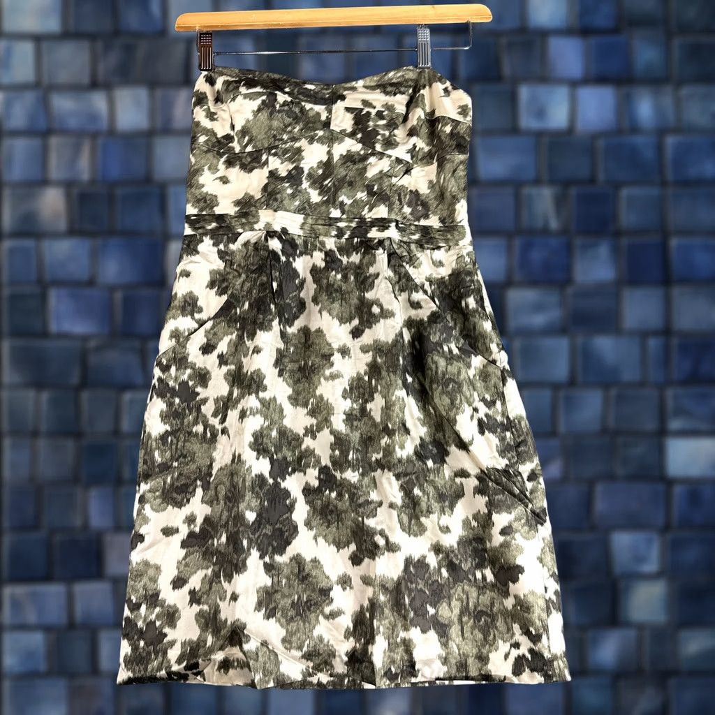 J.Crew J Crew Dress Womens Size 4 Silk Strapless Bustier Boned Zip Lined Ikat Print Green Size S / US 4 / IT 40 - 1 Thumbnail