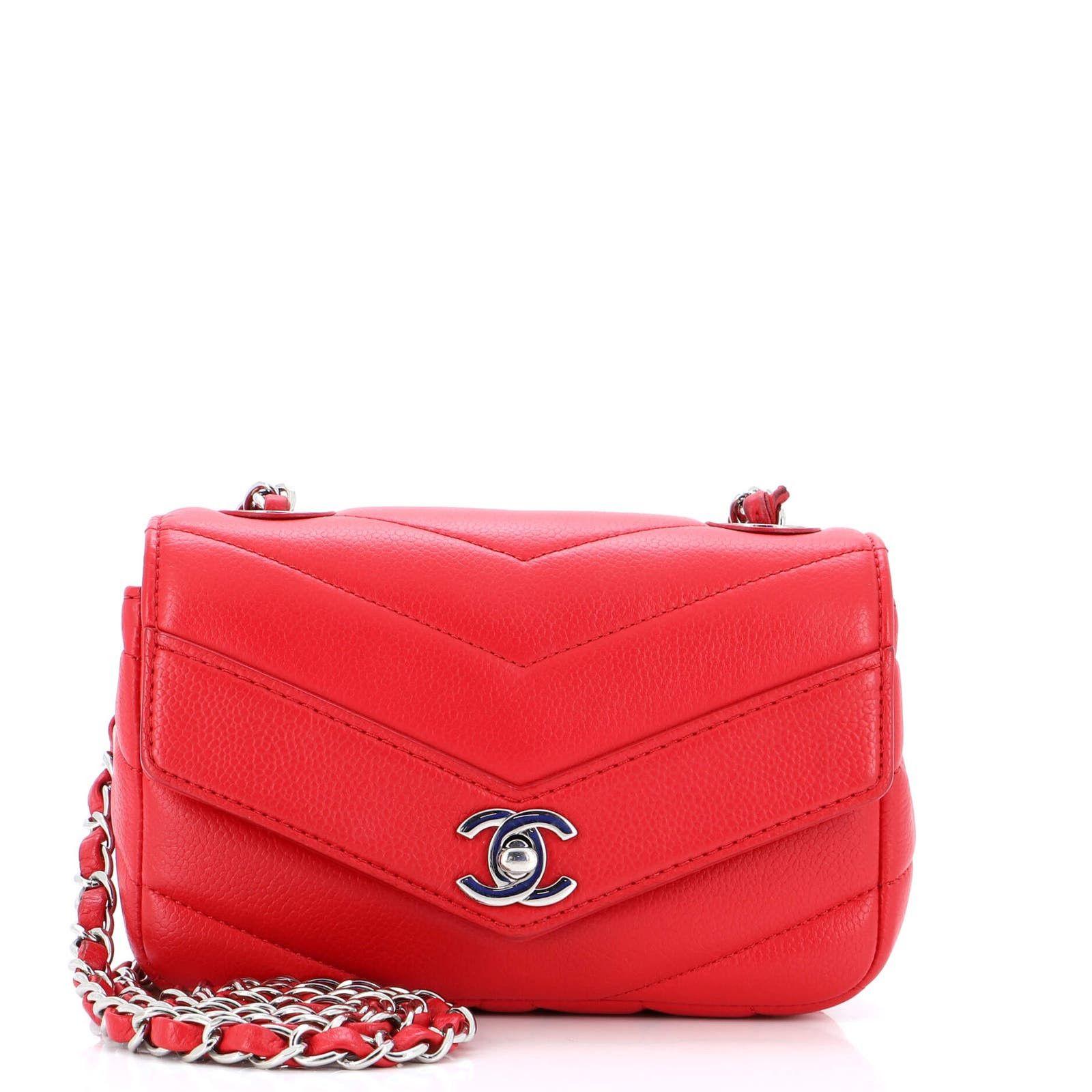 image of Chanel Data Center Envelope Flap Bag Chevron Caviar Mini in Red, Women's