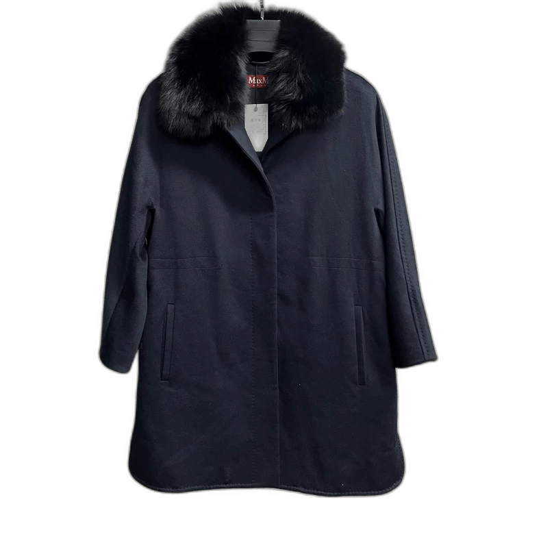 Max Mara Blue Hooded Coat with Fur Collar Size US S / EU 44-46 / 1 - 1 Thumbnail