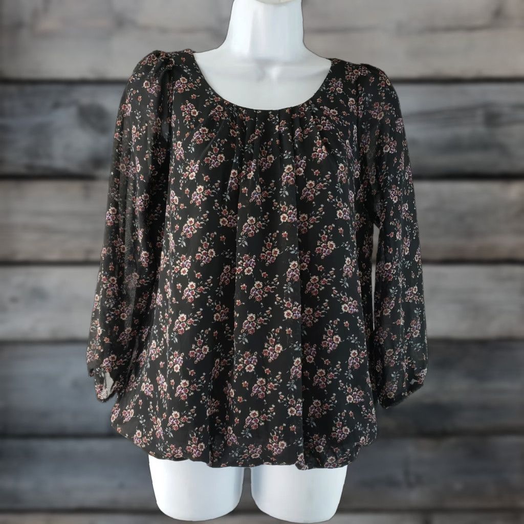 Vintage Papermoon Blouse Womens Small Black Purple Floral Elastic Waist Long Sleeve Shirt Ladies Size S / US 4 / IT 40 - 1 Thumbnail