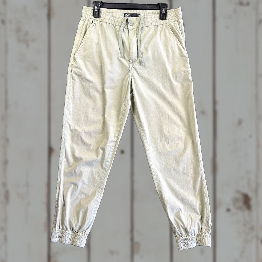Zara ZARA DNWR Denimwear Joggers Pants Mens M 31 Green Drawstring Solid Casual Travel Regular Slim Tapered Logo Pockets Cotton Light Green 90s City Hipster Size US 31 - 1 Thumbnail