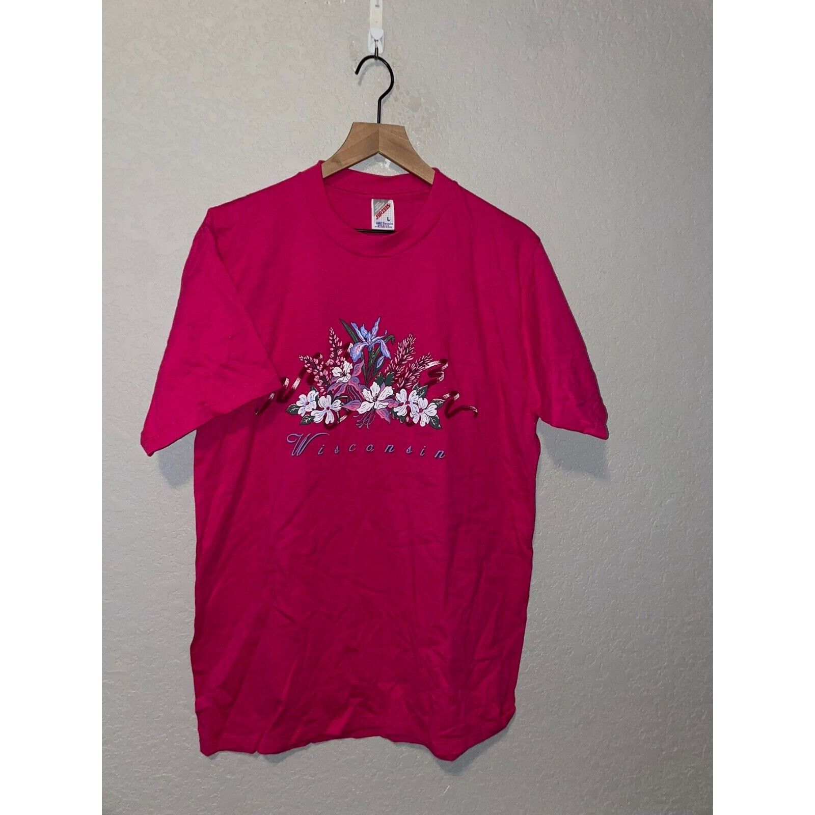 Jerzees Vintage Wisconsin Shirt Pink Flower Test Print Tee VTG 90s L Size US L / EU 52-54 / 3 - 1 Thumbnail