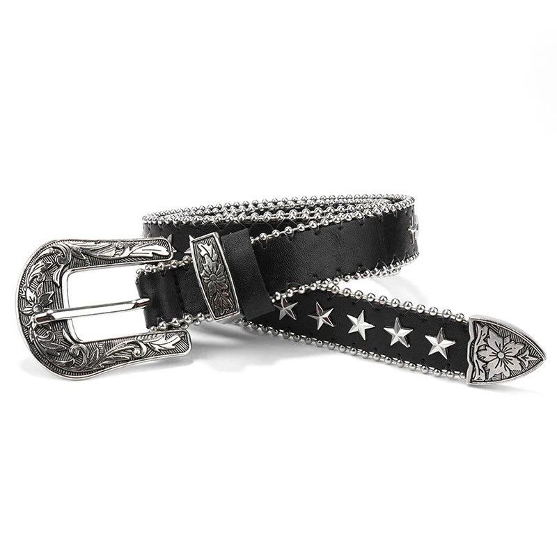 image of Punk Studded Pu Leather Belt Star Stud in Black, Men's