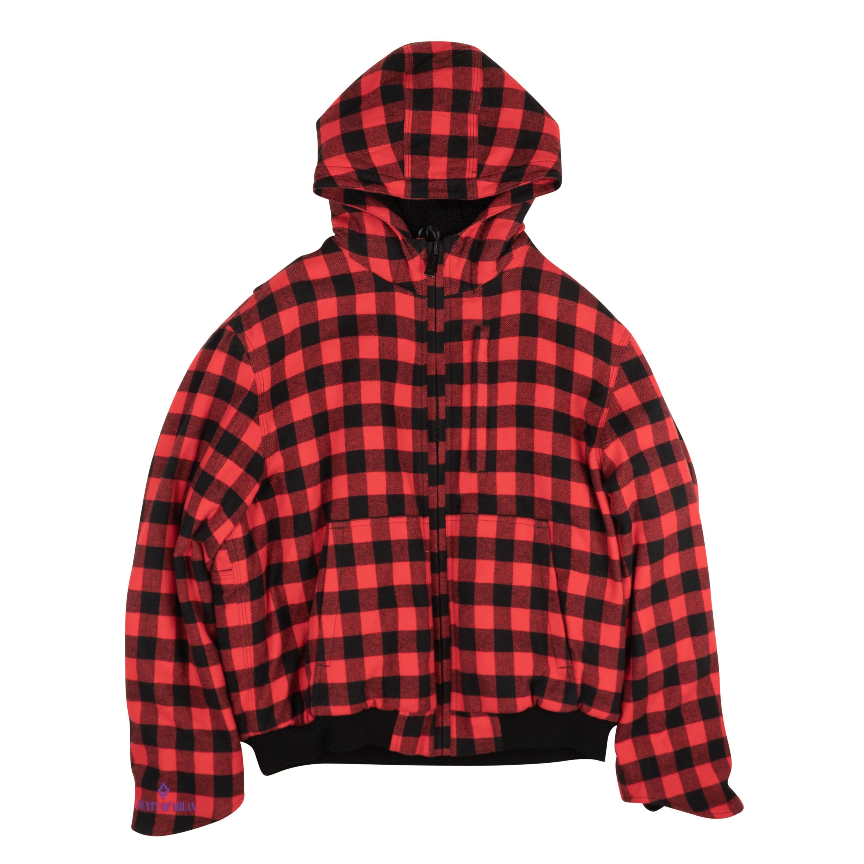 image of Marcelo Burlon Red Plaid Fleece Graphic Jacket Size L, Men's