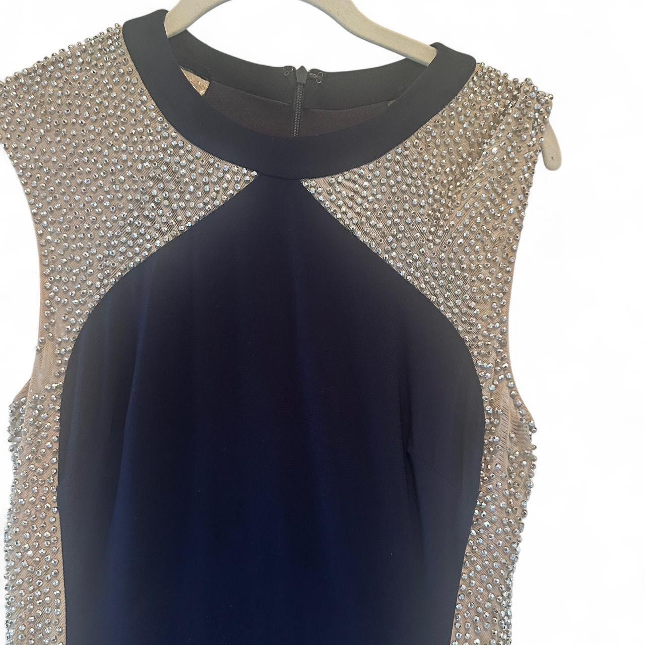 xscape navy and gold dress Xscape Women's Long Glitter Metallic Off the Shoulder Ruffle Gown, 4