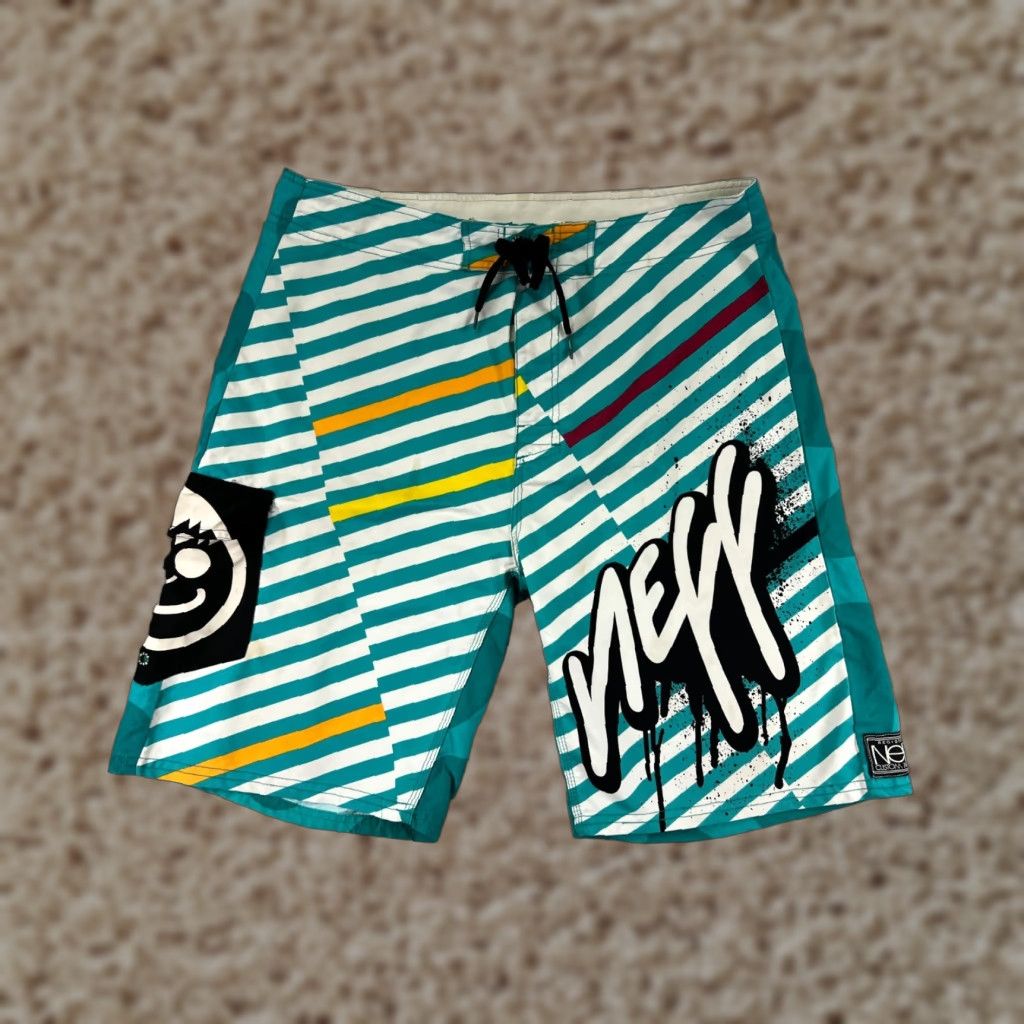 Vintage NEFF Swim Trunks Men 34 Teal Board Shorts Polyester Bathing Suit Surf Retro Look Green Pockets Drawstring Breathable 100% Polyester Mens Bottom Size US 34 / EU 50 - 1 Thumbnail