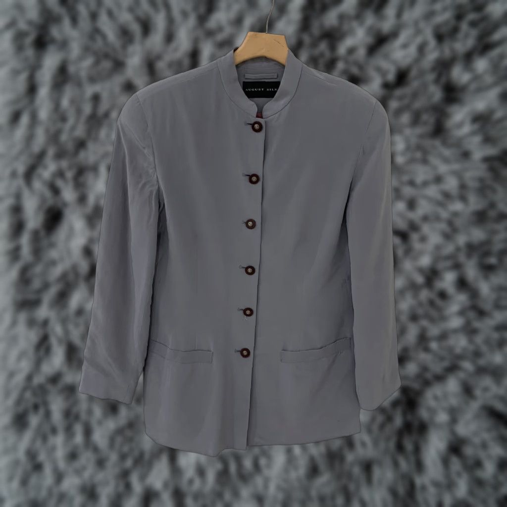 VINTAGE? No not vintage. August Silk Jacket Women’s 10 Mandarin Collar 100% Silk Gray Steel Gray Basic Coat - Womens Jacket Size 10 Silk Lining
