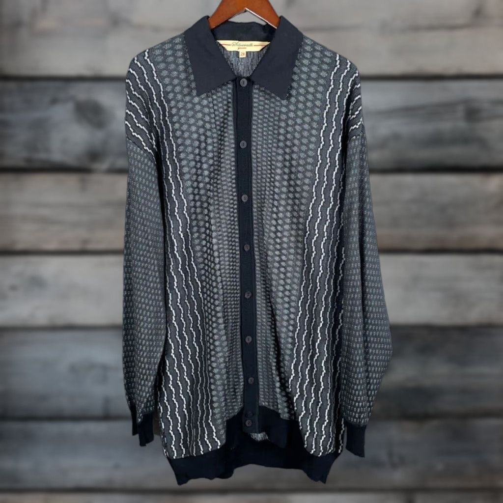 Silversilk Shirt Adult Big 2X Gray Black Textured Button Up Rayon Silk Blend Casual Preppy Retro