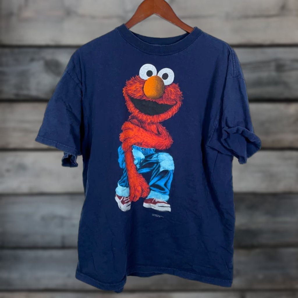 Vintage Sesame Street Elmo T-Shirt Adult Large Blue 2000s Cartoon Jim Henson Logo