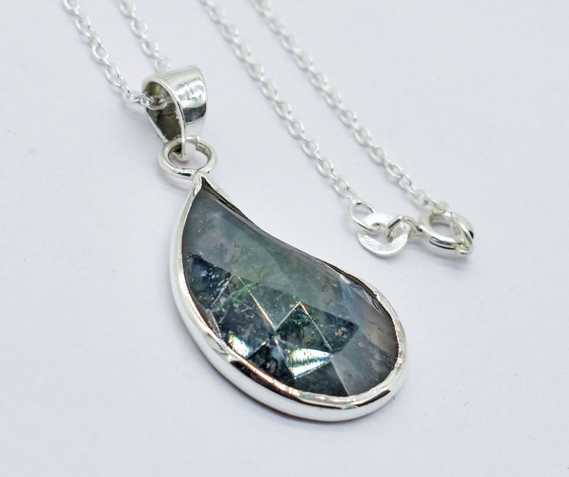 Handmade Moss Agate 925 Sterling Silver Necklace - 18 Inch Chain Size ONE SIZE - 3 Thumbnail