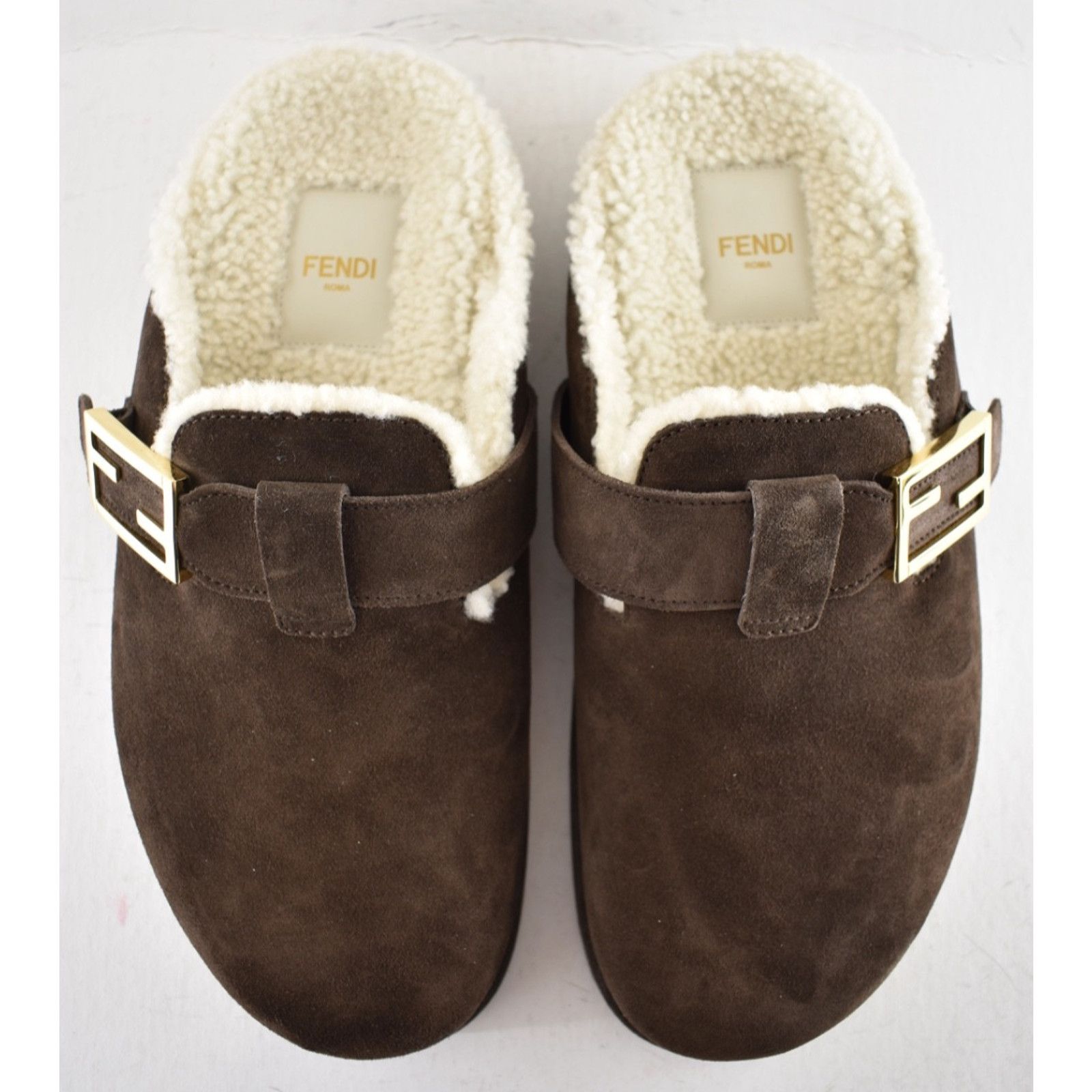 Fendi Fendi Feel Mules Brown Suede Shearling FF Gold Logo Slip On Size US 10.5 / IT 40.5 - 10 Thumbnail