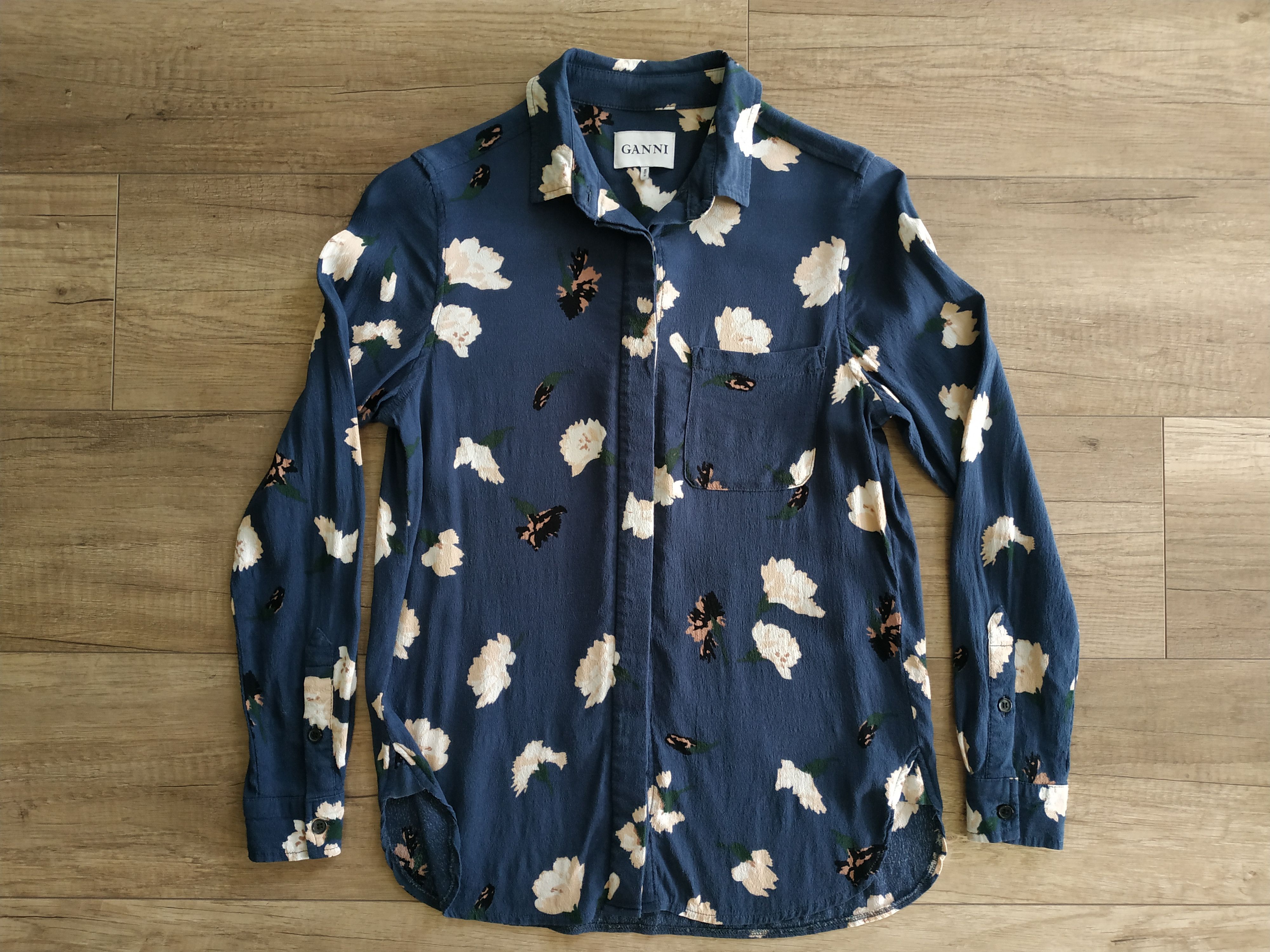 Image of Ganni Women's Floral Print Button Up Shirt, S. Xs, Fit. S-M in Navy Blue