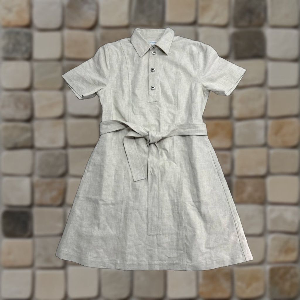 sachin and babi light blue dress Bottega Veneta Mini Dress 42 Womens Beige Cotton Linen Belted Waist Button  Up