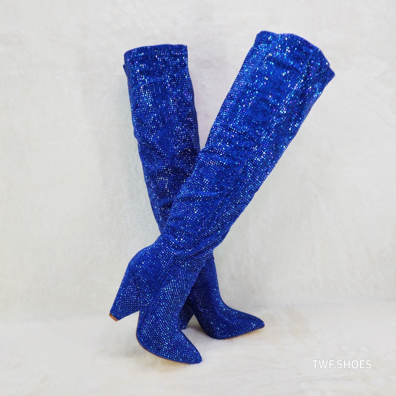 Vegas Blue Rhinestone Over the Knee Thigh boots 4.25