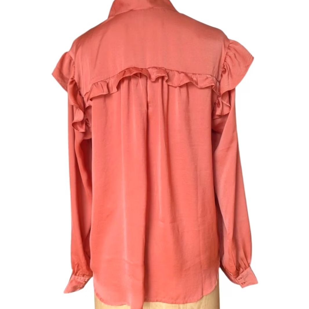 Vintage Bleuh Ciel Terracotta Satin Blouse Long Sleeve Tie Neck Ruffle Bow Button V-Neck Women L Pink Satin Blouse Casual Office Size L / US 10 / IT 46 - 5 Thumbnail