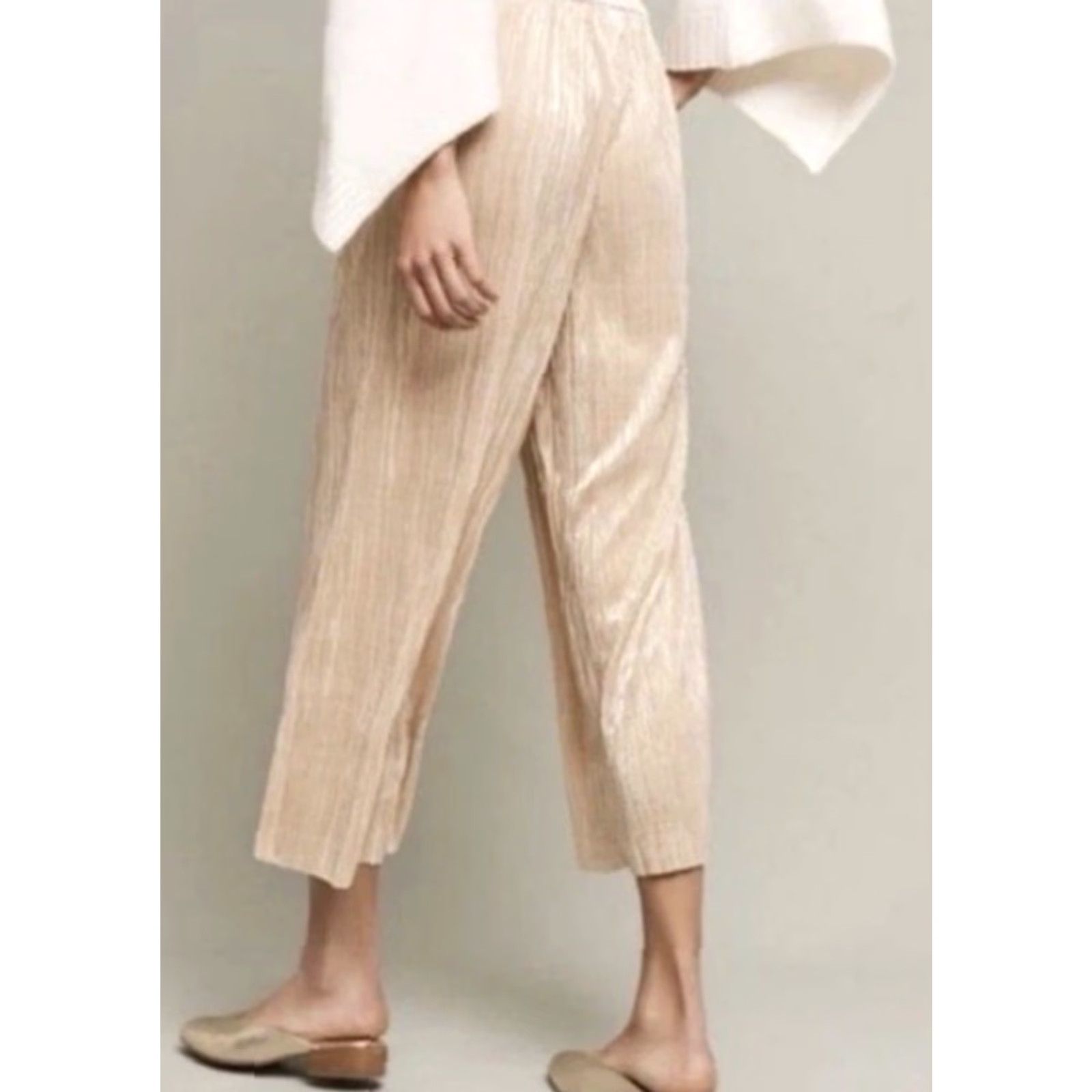 Anthropologie Anthropologie Elevenses Elastic Waist Pull On Metallic Crop Pants Beige M Women Wide-Leg Cropped Pleated Summer Casual Womens Size 32" / US 10 / IT 46 - 2 Thumbnail