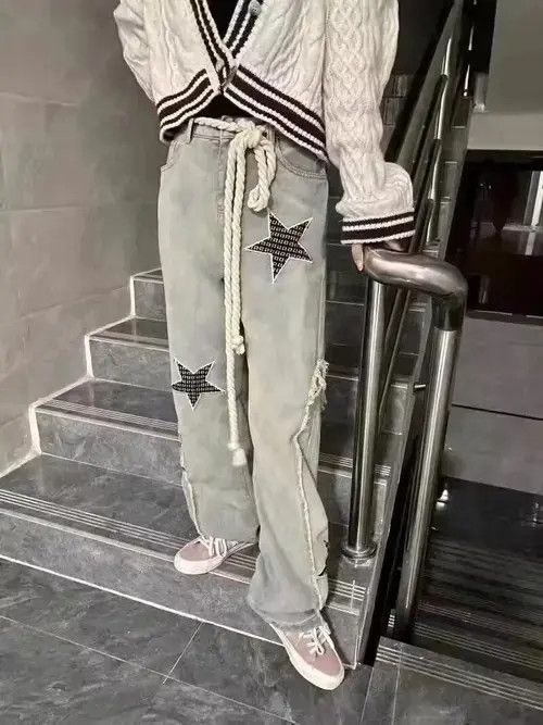 Other High Waist Star Pattern Print Patchwork Long Trousers Size US 27 - 3 Thumbnail