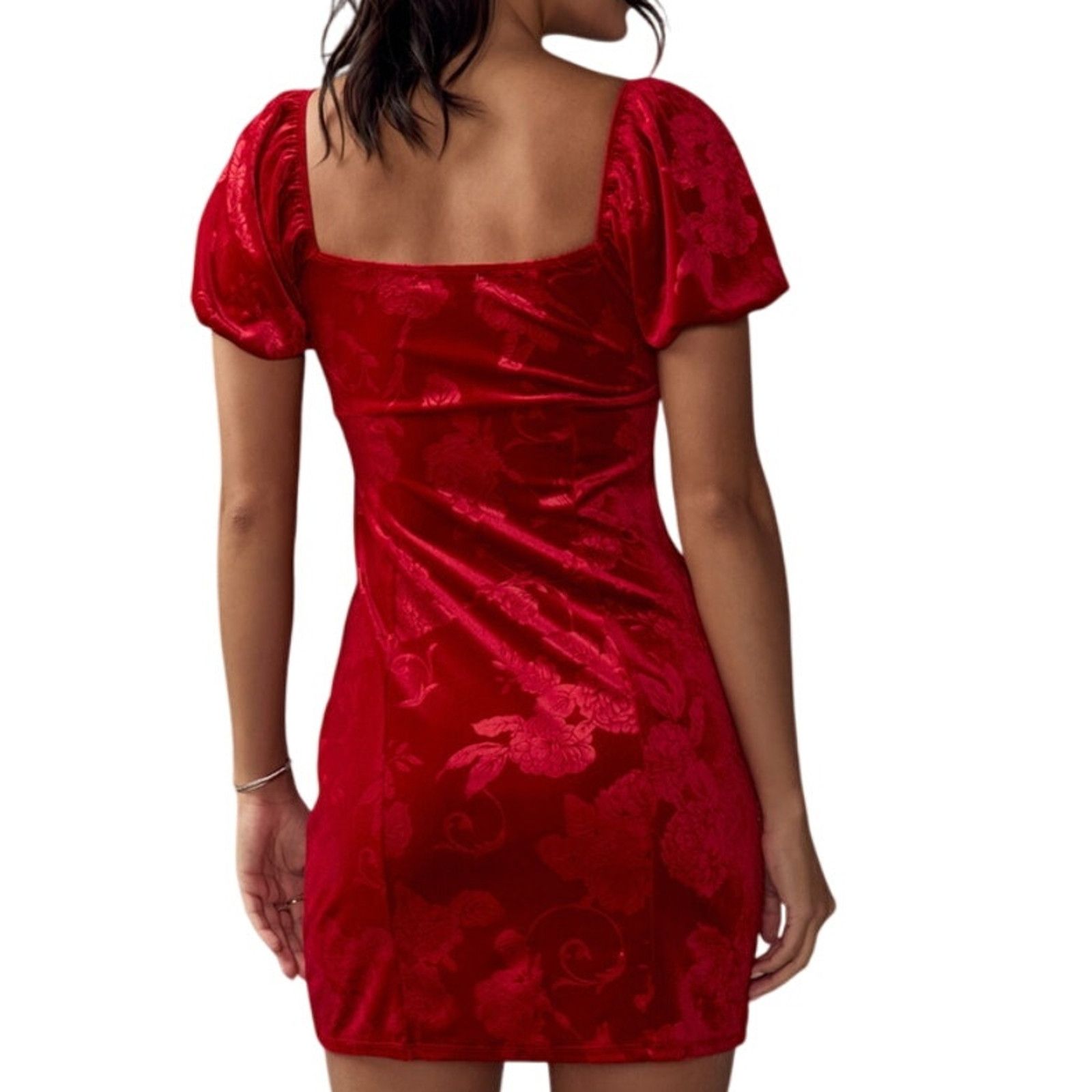 Other Francesca's Red Velvet Jacquard Short Puff Sleeve Mini Dress Size L / US 10 / IT 46 - 3 Thumbnail