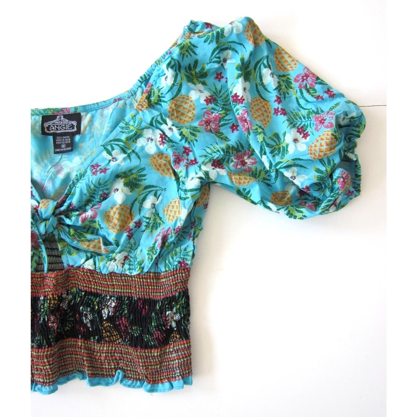 Vintage Angie Blouse Shirt Womens V-Neck Puff Sleeve Crop Peasant 100% Rayon Blue Green Pink Medium Size M / US 6-8 / IT 42-44 - 5 Thumbnail