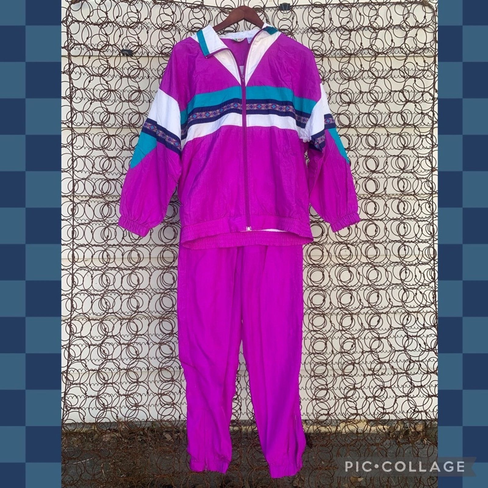 Image of Vintage 90's Bold Spirit Fuchsia Teal Color Block Wind Track Suit in Purple, Women's (Size Small)