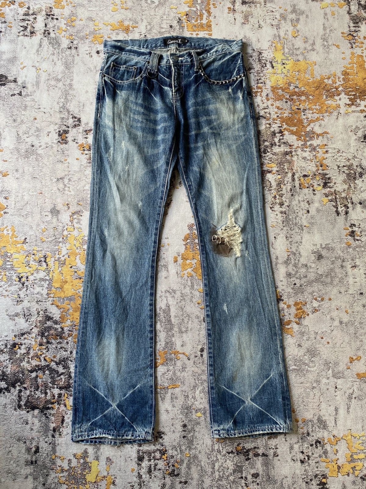 Japanese Brand Cavari A Claw Mark Studded Distressed Flare Denim Size US 32 / EU 48 - 1 Thumbnail
