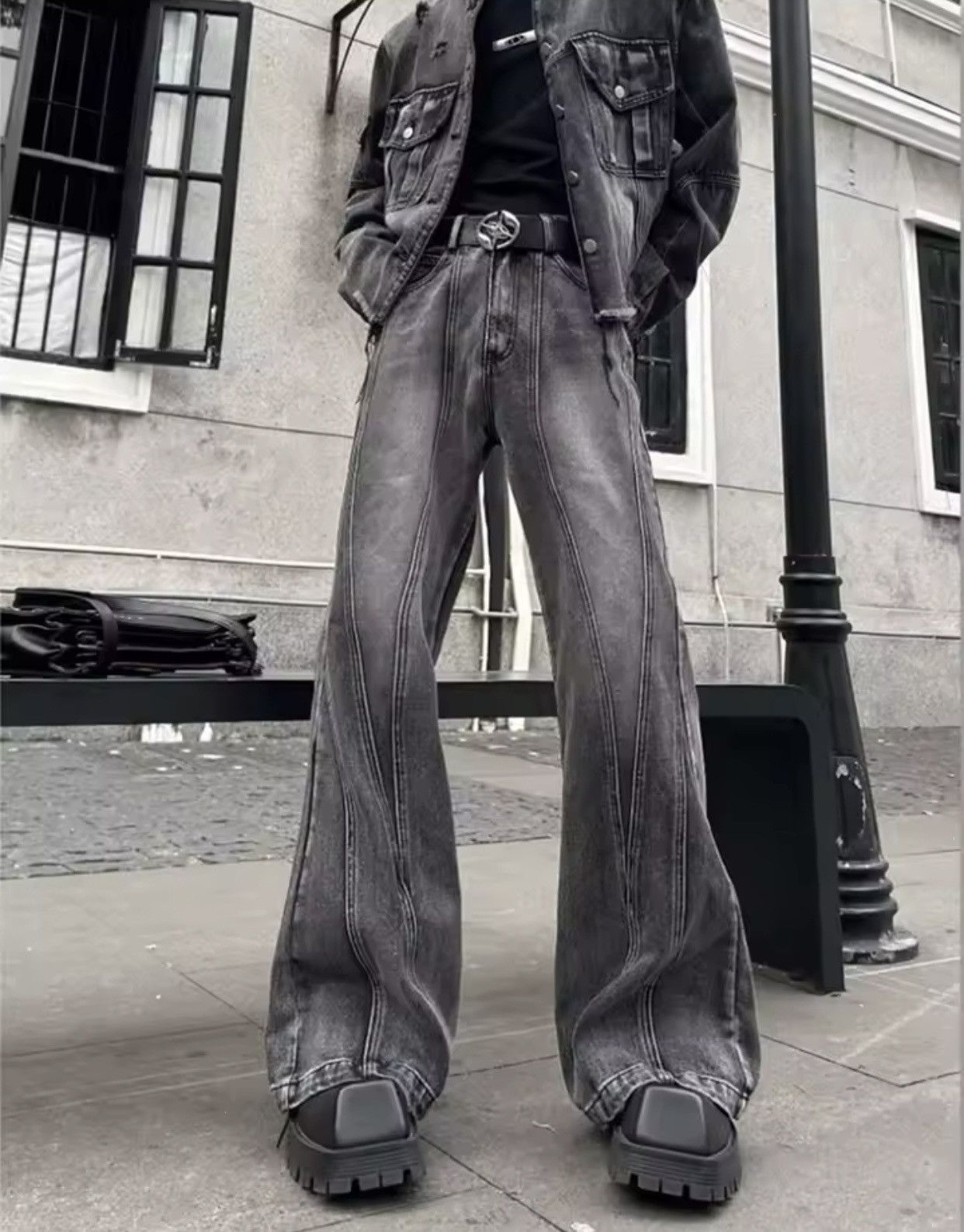 Denime × Jean × Vintage Trashy Y2K Streetwear Washed Grey Baggy Stacked Flare Jeans Size US 27 - 3 Thumbnail
