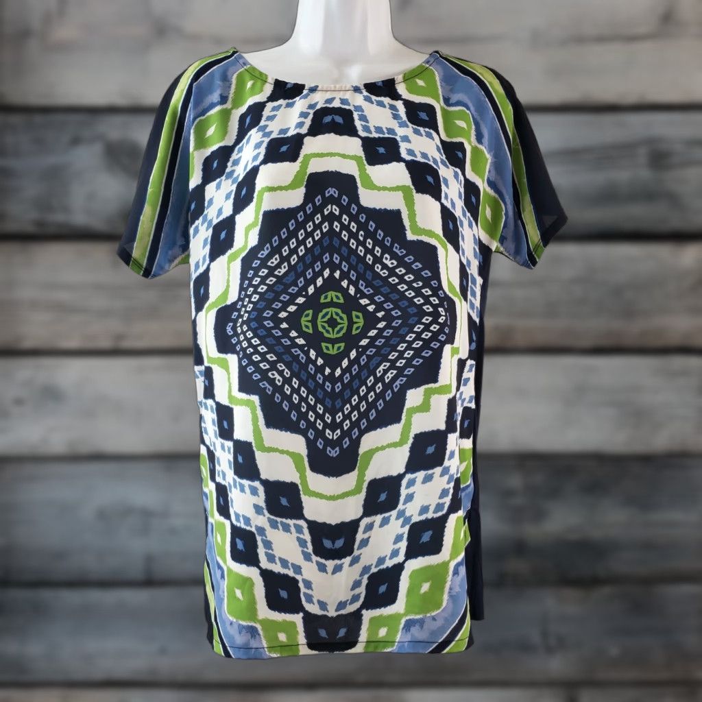 Vintage Zenergy by Chicos Womens Top Blouse Short Sleeve Size Small Blue Green Casual Geometric Pattern 2020s Mens/Womens? Size S / US 4 / IT 40 - 1 Thumbnail