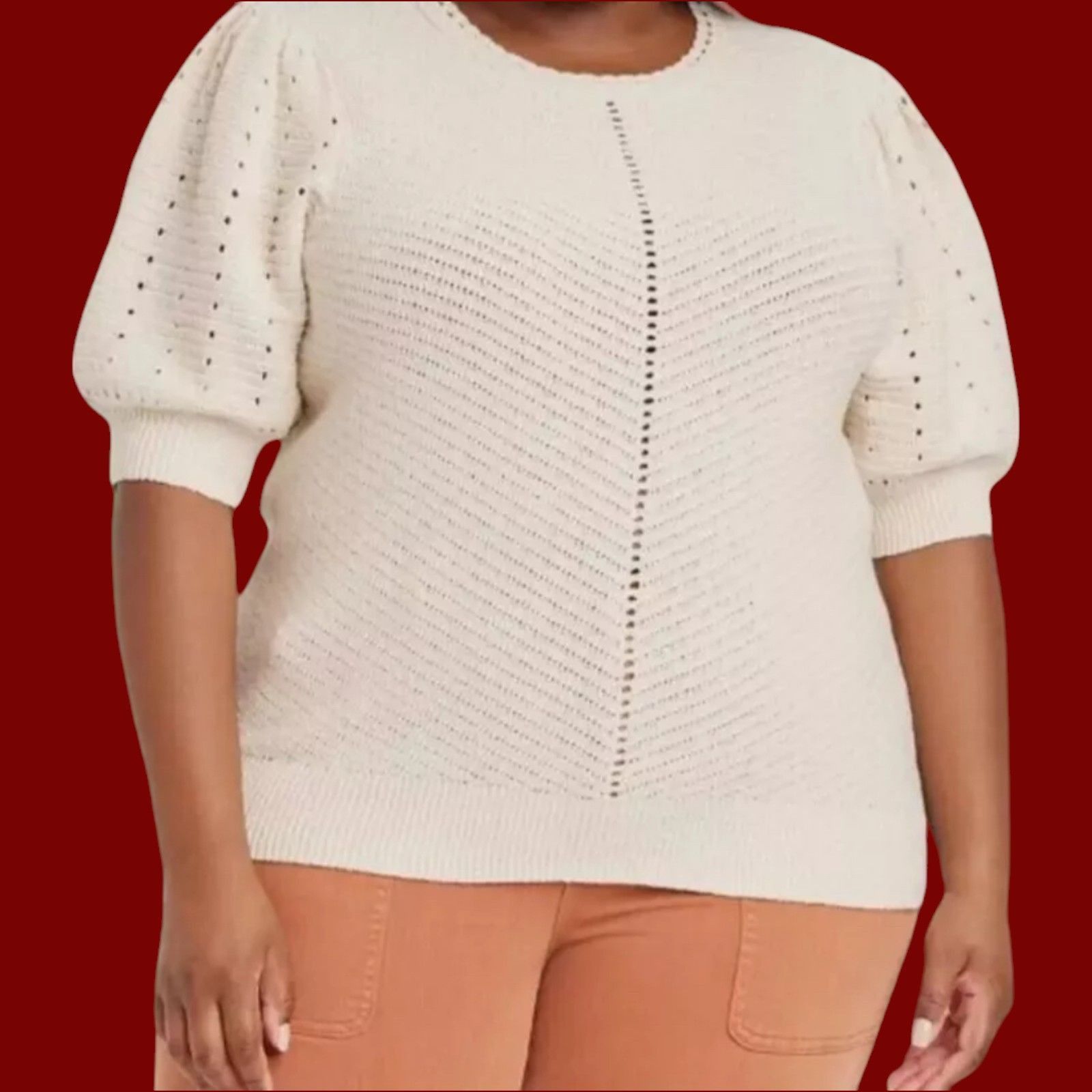 Other Knox Rose - Women's Crochet Pointelle Sweater With Short Puf Size XXL / US 16-18 / IT 52-54 - 1 Thumbnail
