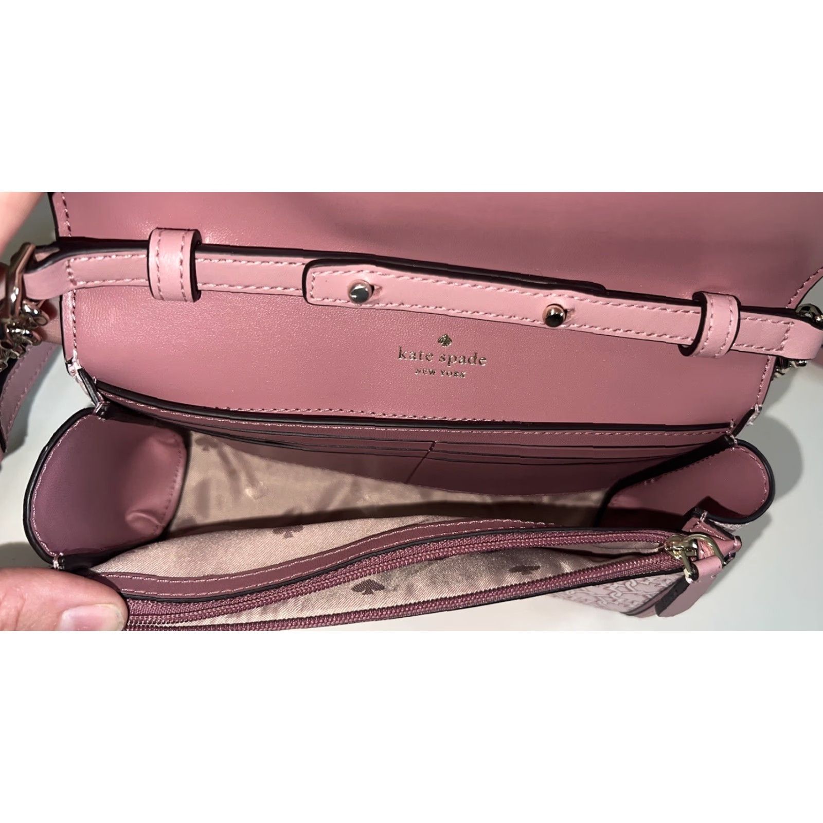Vintage Kate Spade LINK Tote Bag Mauve Cream Purse Linked Spades Tote Women Medium Pink Leather Crocodile Linked Straps Andrea Link 90s? Size ONE SIZE - 7 Thumbnail
